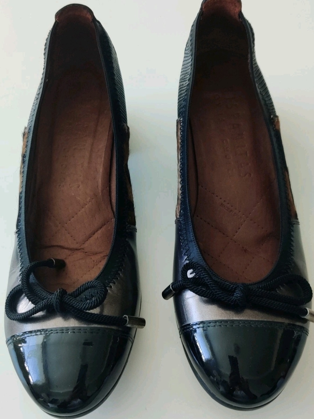 Hispanitas Womens 6 Black Patent Leather and Brown Leather Animal Print Pumps